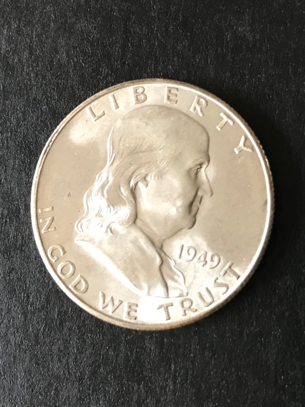 1949 S Franklin Half Dollar, Brilliant, Uncirc, Full Bell Crack Line, 90% Silver